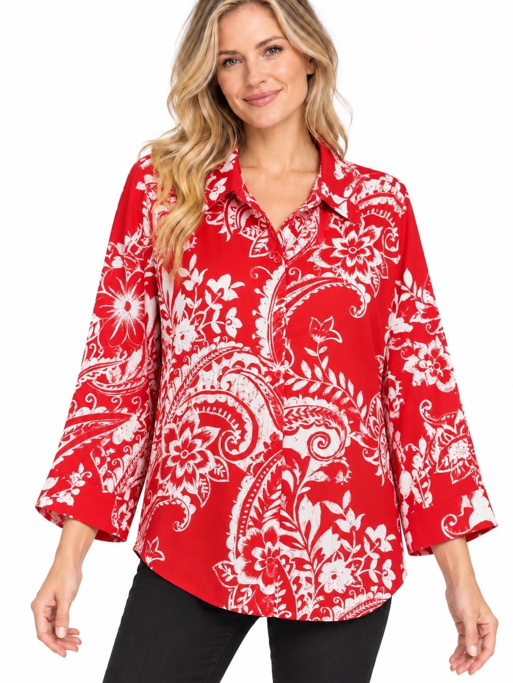 Chico's Red and White Paisley Floral Button-Front Blouse